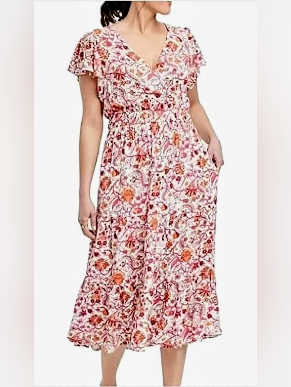 Knox Rose Boho Pink and Orange Floral Midi Dress Size L Cottagecore